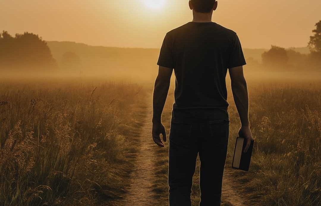 Person walking a path toward light representing godly living and eternal purpose