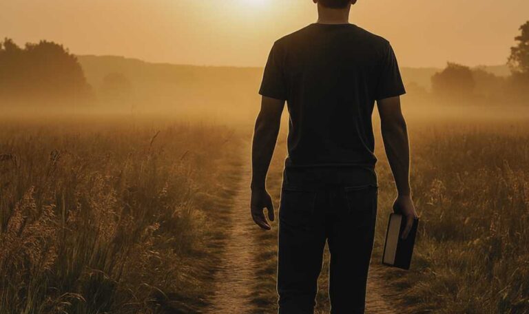 Person walking a path toward light representing godly living and eternal purpose